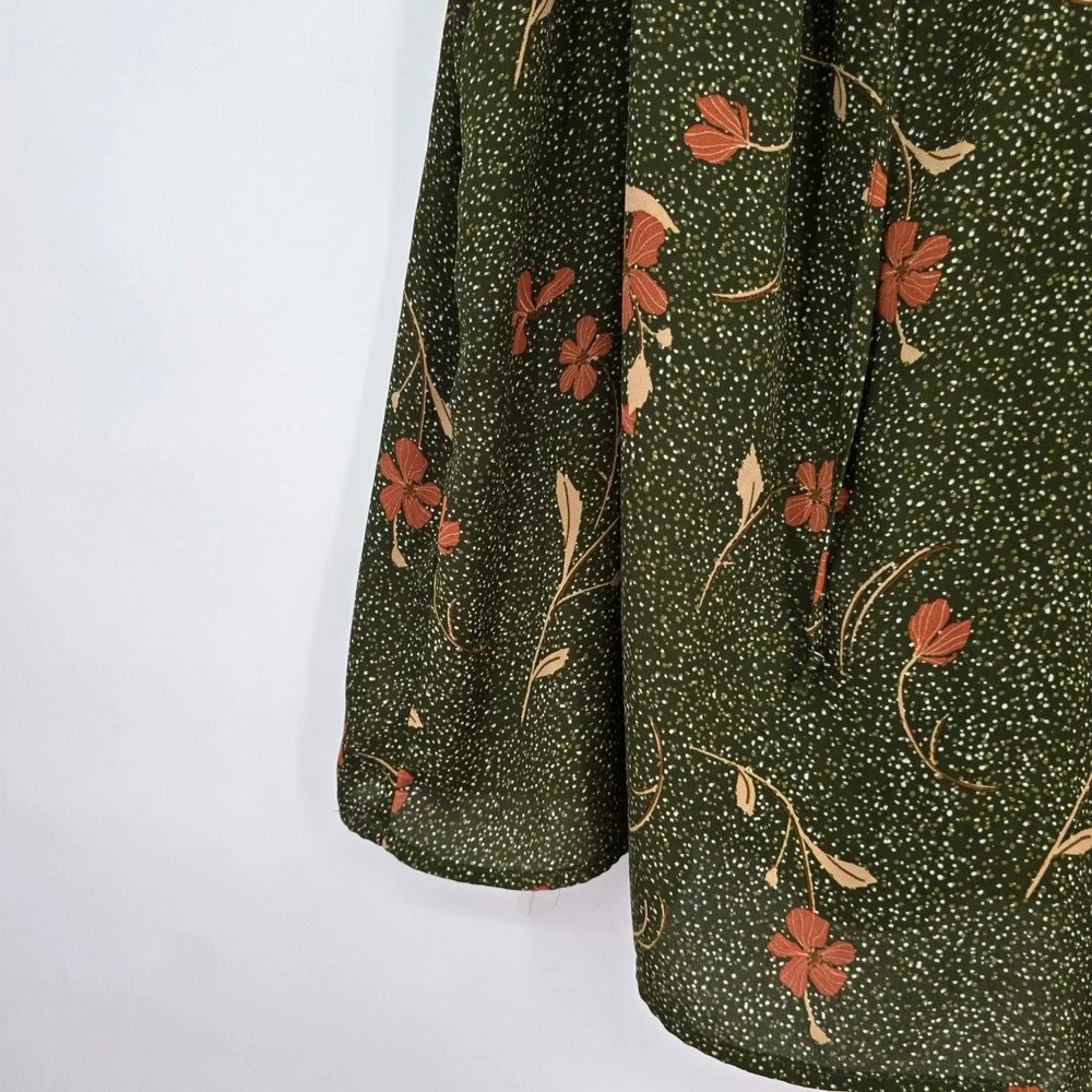 Les Serein Womens 2X Olive Green Floral Ruffle Cap Sleeve V-Neck Tie Blouse - Picture 7 of 10